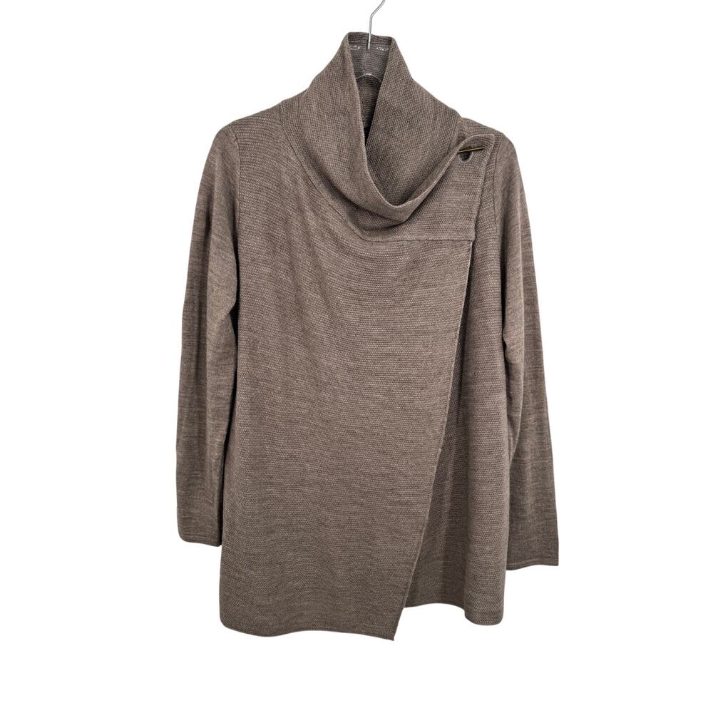 Tahari wrap sweater cardigan size M merino wool cowl neck toggle taupe lagenlook